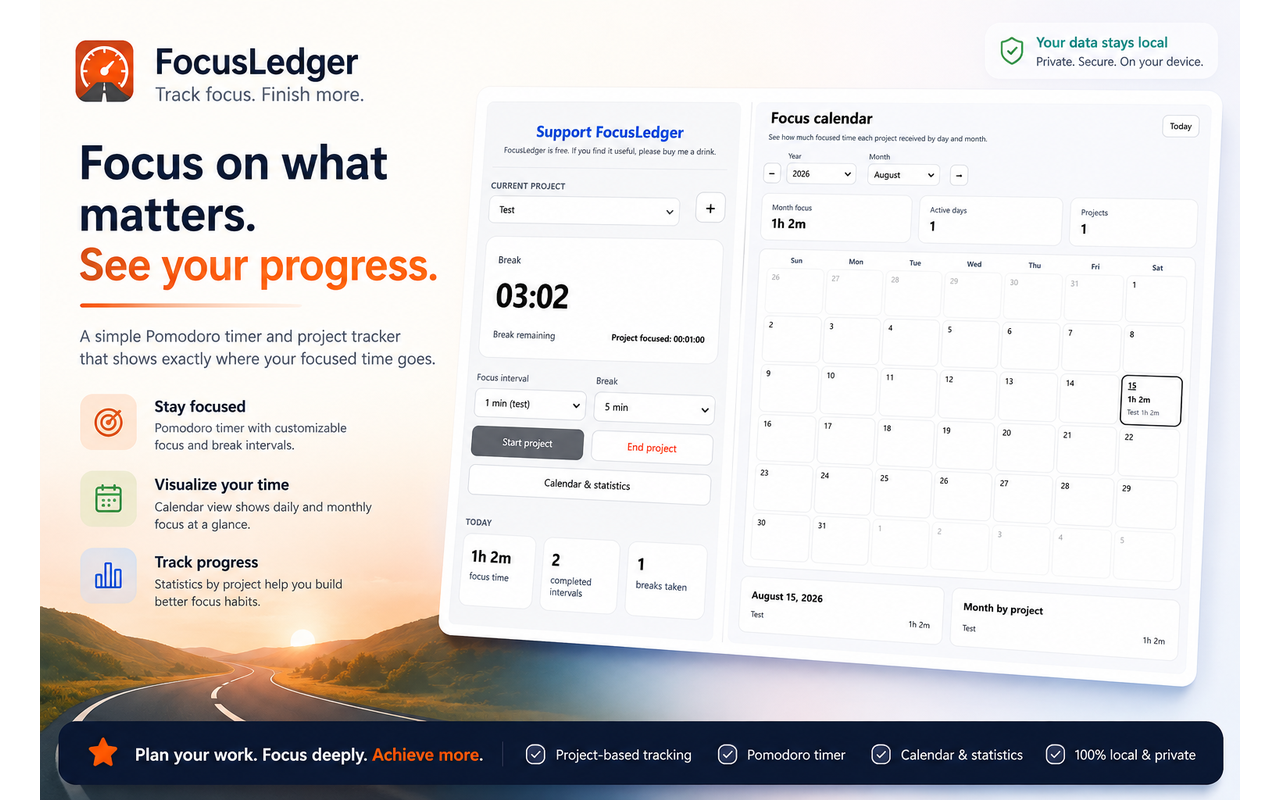 FocusLedger overview showing the timer and calendar together